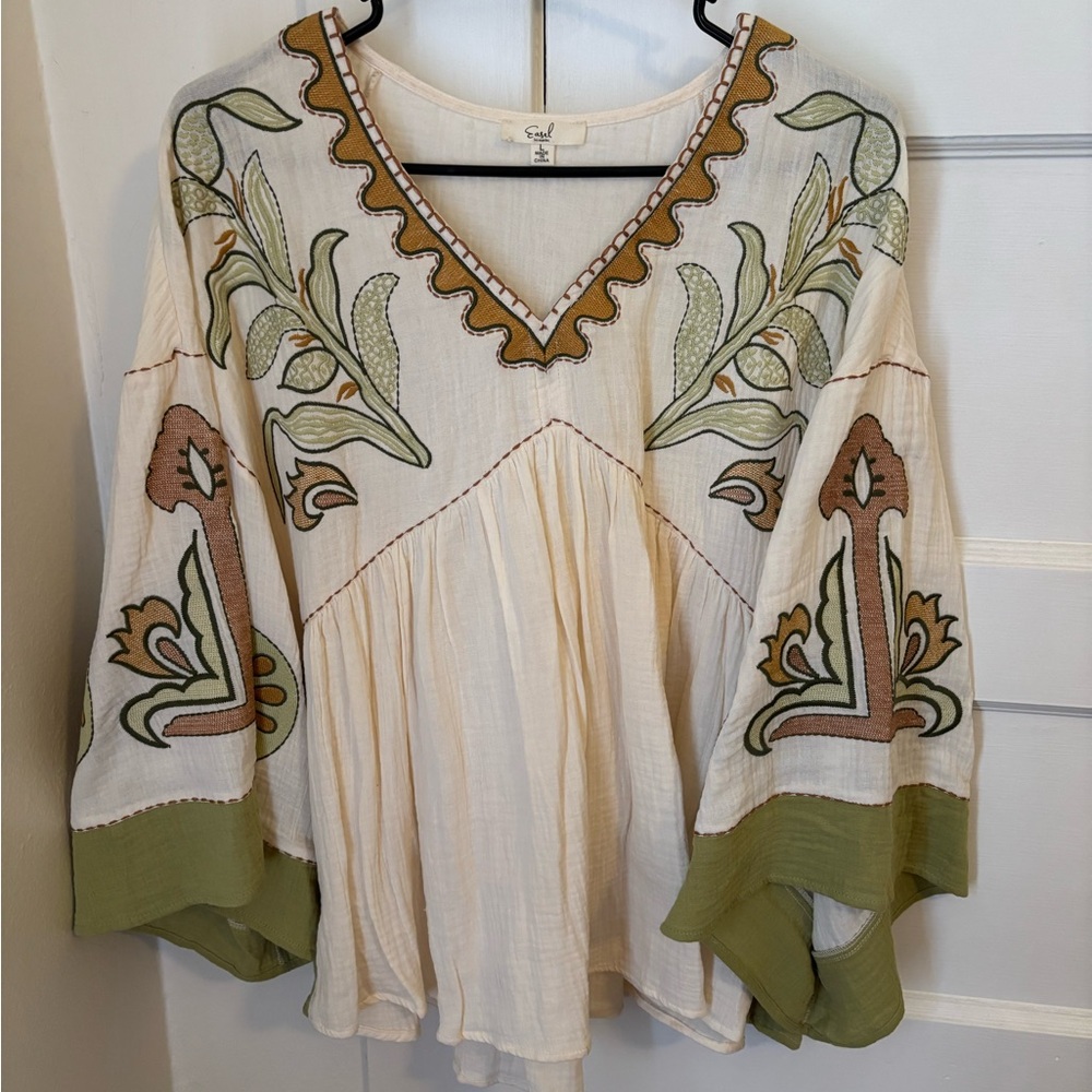 Easel Cream and Olive Embroidered Blouse